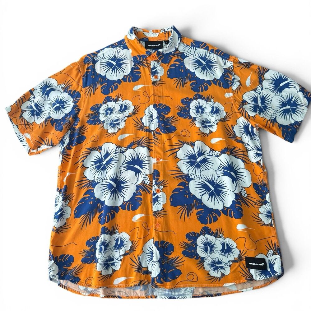 McLaren F1 Hawaiian Shirt Men XL Orange Blue Floral Stichd Button Up Racing Flaw